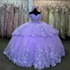 Lilac Off Ombro Quinceanera Vestidos 3D Apliques florais do piso vestido de baile vestido de baile de costas de volta para cima Sweet 16 Robe Princess Vestido de 15 VX ANOS