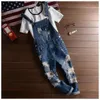 Blue Hole overalls mannen denim jumpsuit gescheurd gescheurde jeans slabbetje enkel lengte hiphop grote zak Koreaanse vrachtbroeken broek 240409