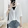 Blusas femininas de verão de chiffon camisa de colarinho curto Tops FashionsUnScreen Clothing Fin Two Peça Conjunto meio aberto Blouse de pescoço