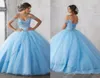 Light Sky Blue Quinceanera Dresses Cap Sleeves Spaghetti Beading Crystal Luxury Sweet 16 Girls Prom Ball Gowns Party Dresses Custo5496653