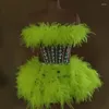 Stage Wear Fluorescent Green Fluff Sexy Rhinestones Dress Halloween Carnival Costume Nightclub Bar Dj Performance Women Clothing DN16664