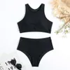 New Swimsuit Women's Solid Color Nylon Sports Vest Split High Waisted Swimsuit Women's