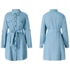 Casual Dresses 2024 Fashion Women's Button Down Pockets Tops With Belt Denim Shirt Dress Long Sleeve Blouse Jeans