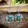 Dangle Chandelier Ethnic Water Droplet Inlaid Olive Stone Earrings Exquisite Vintage Silver Color Round Carving Pattern for Women H240423