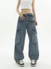 Kvinnors jeans Deeptown Vintage Baggy Women Korean Fashion Denim Loose Wide Lar Cargo Pants High Maist Boyfriend For Unisex