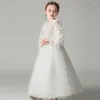 Ragazza vestito per bambini abito per bambini Principessa fiore bianco garza soffice a maniche lunghe Cena da cena Dignificata da ragazza