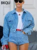 BKQQu-Denim-Pailletten 2 Stück Hosen Set Frauen Mode High Taille Shorts Revers Einbruster Cropper Jacken Frauen Luxus-Outfits 240423