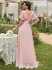 여자 핑크 신부 들러리 드레스 긴 우아한 라인 더블 v 넥 주름 쉬폰 정식 웨딩 파티 드레스 긴 무도회 드레스 240420