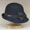 Boinas femininas 1920 Bucket cloche hat gatsby inverno lã britável jogador rolo brim redonda fedora com sotaque de arco preto