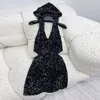 Robes décontractées 24 Sexy Women's Black Sequin V-col