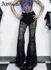 Pantalon féminin altgoth Mall Gothic Vintage Lace Femme Streetwear Sexy Voir à travers la taille haute flare Dark Punk Y2K pantalon