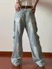 Jeans de cor sólida de cor de cor de cor de cor de cor de sólida punk Design sensor senso de hip-hop lavado calça de perna larga de arrasto largo da cintura intermediária 240421