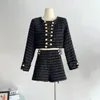 Dames met dubbele rijstige plaid Black Wool Desinger Jacket en shorts tweedelig pak SML