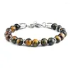 Charm Bracelets 8mm Tiger Eye Beads Strand Men Women Stainless Steel Chain Colorful Natural Stone Bracelet Male Jewelry Gift