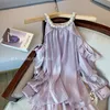 French Style High Grade Purple Pearl Halter Satin Dress for Women Summer Elegant Fairy Off Shoulder