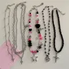 Collares KPOP Goth Vintage Y2K Cross Cross Cross Pink Pink Bead Silver Collar Collar para mujeres Grunge Emo Bewely Accesorio