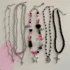 Ожерелья Kpop Goth Vintage Y2K Star Cross Pendant Pink Beadered Silver Color Collece для женщин эстетическая гранж Emo Eview