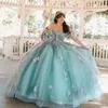 Neueste glänzende Prinzessin Quinceanera Dressing Ball Kleid Junior Girls Geburtstagskleid von der Schulter Langarm mit 3D Blumen Vestidos de Quniceanera