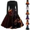 Casual jurken Spring herfstafdruk Women Vintage lange mouw o nek swing jurk robe raad femmes avond feestjurk cosplay kostuum