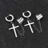 Earrings Stainless Steel Black Two Cross Tassel Chain Drop Small Hoop Cartilage Earring Men Women Clip on Ear Cuff Punk Earring Gift