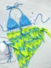 Женские купальные бикини набор зеленого галстука Принт 3 штука с прикрытиями. Полученные женщины Микро Тонг купания пляжная одежда 2024 купание костюм