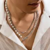 Halsband Kunjoe Hip Hop Half Imitation Pearl Half Cuban Chain Choker Halsband Set Män Punk Silver Color Link Chain Halsband Rapper