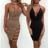 Schwarze sexy Partykleid Frauen Sommer Mode Deep v Neck Halfter Rückenless Choker Schlitz Paillette Paillette