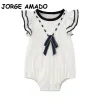 One-Pieces New Summer Baby Girl Bodysuit Round Collar White Dark Blue Patchwork Flare Sleeves Bow Lace Jumpsuit Infant Clothes E1201