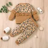 Set Valentine 2 Pieces Baby Suit Set Leopard Heart Print Round Neck Long Sleeve Ruffle Tops+ Trousers For Girls 024 månader
