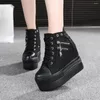 Casual Shoes 2024Fashion Sneakers Womens Leather Height Increasing Boots Women High Heel Black White Bling Zipper Platform Wedge