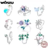 Ringos de cluster Wostu 925 Sterling Silver Wedding Party Aleda para mulheres tamanho ajustável Flor Bird Sanke Fish Jewelry Gift