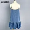 Lässige Kleider 4,9 Klasonbell Temperament süßes Mädchen Bowknot Spaghetti -Gurtkleid Frau Denim Spleiß Saum Rüsche Loose Mini