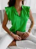 Blouses pour femmes Femmes Ruffles Sleeve Shirts Elegant Tops 2024 Fashion Summer V-Neck Lace-Up Color Couleur Patchwork Casual