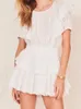 Summer Hollow Out Hole Spiced Lace Ruffles Hem Short Sleeve Swing Dress White Women Slim Elastic Waist Mini Cake Dresses 240416