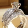 Bands Huitan Bridal Sets Rings with Sparkling Cubic Zircon Luxury Trendy Wedding Engagement 2Pcs Rings for Women Eternity Love Jewelry