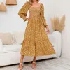 Casual jurken Elegante stijlvolle bloemen vierkante nek Chiffon Lange mouw voor vrouwen 2024 Plus size geplooide elastische jurk