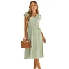 Festklänningar 2024 Summer Casual Dress Women's Long Fashion Solid Color Midja V Neck Elastic Short Sleeve Evening
