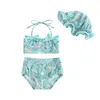 Bikini d'été de Baby Girl pour femmes Bikini 3 PCS Set Floral Print Bow Halter Crops Tops avec short Chapeau de baignade