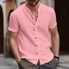 Retro Style Summer Mens Casual Cotton Linen Shirt Mock Neck Solid V-Neck Short Sleeve Loose Top Handsome Shirt US Size 240418