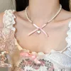 Necklaces Kpop Y2K Aesthetic Lolita Pink Heart Bowknot Pendant Pearl Beaded Necklace For Girl 2000s EMO Goth Harajuku Jewelry Accessories