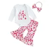 Kläder sätter fokusnorm 3st Baby Girls Valentine's Day kläder 0-18m Letterflower Print långärmad Romper Flare Pants Bow pannband