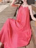 Casual Dresses Fashion Women Elegant Loose Red Dress Halter Sleeveless Vintage Solid Chic Party Beach Vestidos Female Clothes Mujers