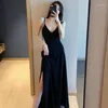 Casual Dresses Korea chic sommar sexig ärmlös klänning strandstil spaghetti rem v-hals camisole lös lång boho vestidos