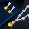 Colliers super brillant Big carré jaune cubique zirconi en pierre de mariage Collier de mariée Collier d'oreilles de fête de bijoux pour femmes T0726