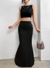 Solid bodycon ruched long kjol kvinnor sexig svart elastisk elegant hög midja sjöjungfru maxi kjolar sommar streetwear 240419