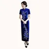 Robes de fête Blue Velvet vintage imprimé fleur Slim Long Cheongsam Novelty Vêtements traditionnels chinoises Habille Lady Elegant Qipao