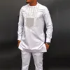 2024 Mens Elegant pak shirtbroek 2-delige tweedelig set ronde nek stiksel massief kleuren feest African etnische stijl van lange mouwen etnische stijl 240411