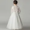 Ragazza vestito per bambini abito per bambini Principessa fiore bianco garza soffice a maniche lunghe Cena da cena Dignificata da ragazza