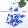 Neue Badeanzug Frauenblattdruck Bikini Hals Hanging Gaze Rock Badeanzug Strand dreiteils Set Bikini