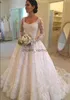 Latest Hot Sale Scoop Neck A-line Long Sleeves Lace Wedding Dresses Button Back Appliques Beaded Bridal Wedding Gowns court train